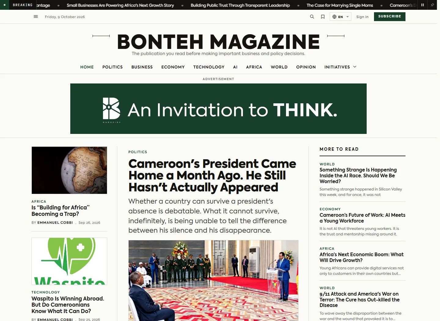 Screenshot of the Bonteh Magazine homepage showing the masthead, section navigation and the current lead story.