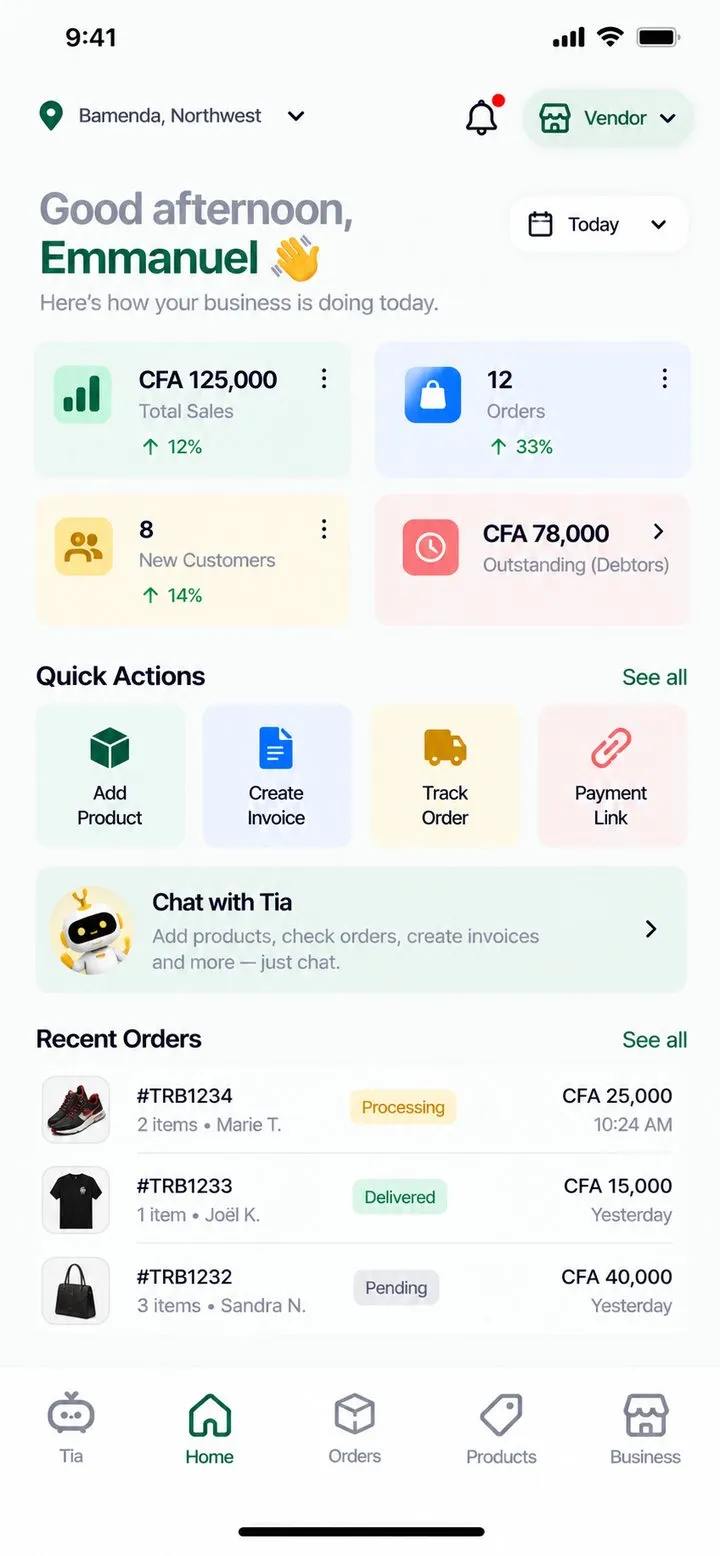 Tribe mobile app interface design showing a vendor dashboard with total sales, orders, new customers, quick actions and recent orders.