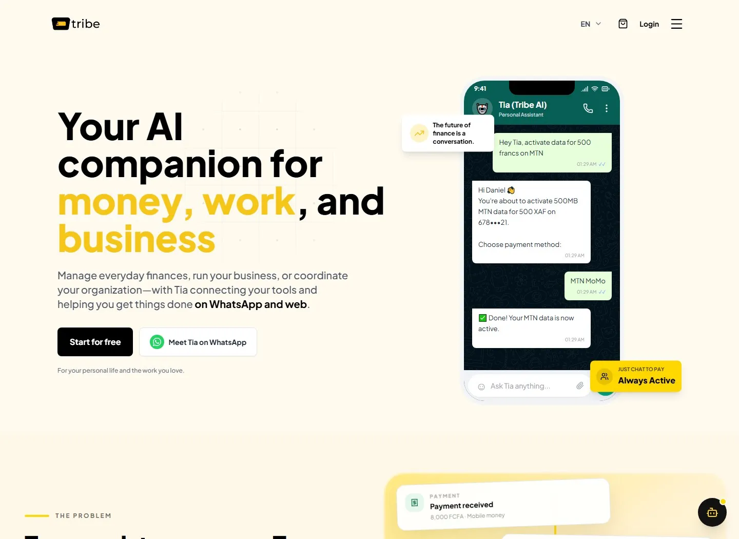 Screenshot of the usetribeapp.com homepage showing the Tribe logo, the headline 'Your AI companion for money, work, and business' and a phone screen with a Tia conversation.